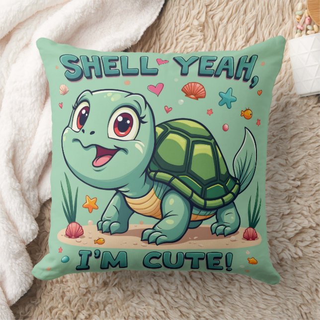 Cute Kawaii Turtle with Funny Pun Ocean Aesthetic Throw Pillow (Blanket)