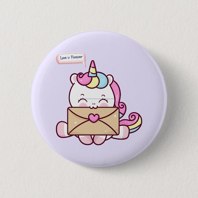 Cute Kawaii Unicorn Love Illustration 2 Inch Round Button (Front)