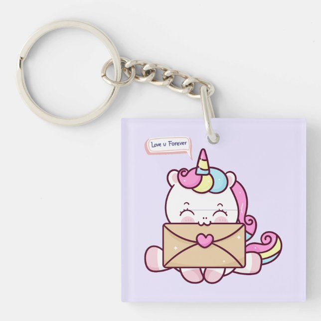 Cute Kawaii Unicorn Love Illustration Keychain (Front)