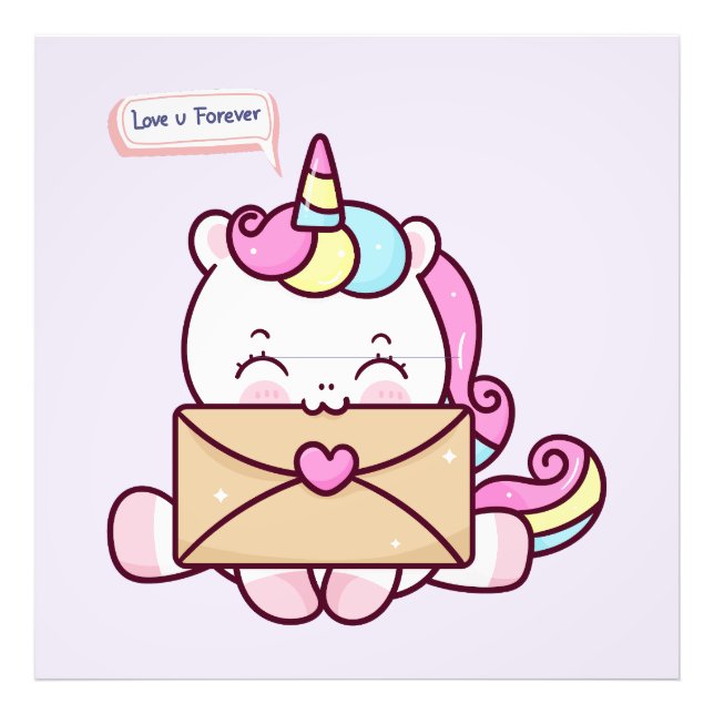 Cute Kawaii Unicorn Love Illustration Photo Print (Front)