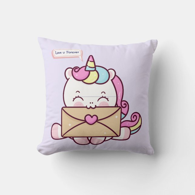 Cute Kawaii Unicorn Love Illustration Throw Pillow (Front)
