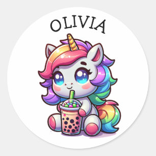 Cute Kawaii Unicorn with Bubble Tea Personalized Classic Round Sticker