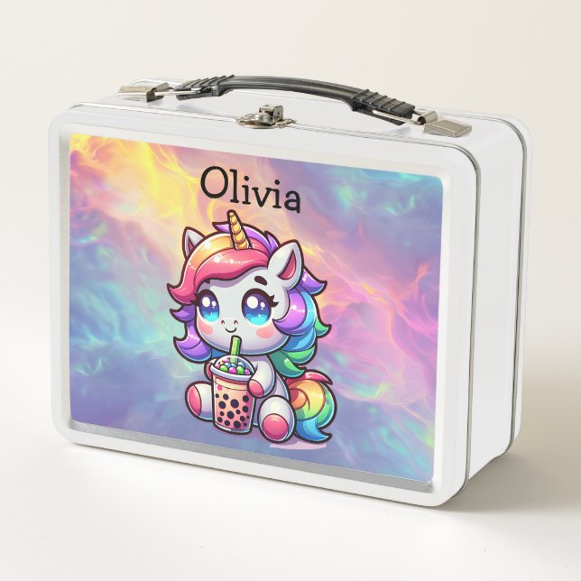 Cute Kawaii Unicorn with Bubble Tea Personalized Metal Lunch Box (Front)