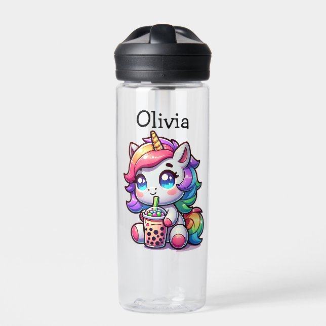 Cute Kawaii Unicorn with Bubble Tea Personalized Water Bottle (Front)