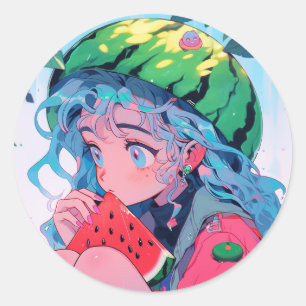 Cute Kawaii Watermelon Fruit Nature Anime Girl Classic Round Sticker