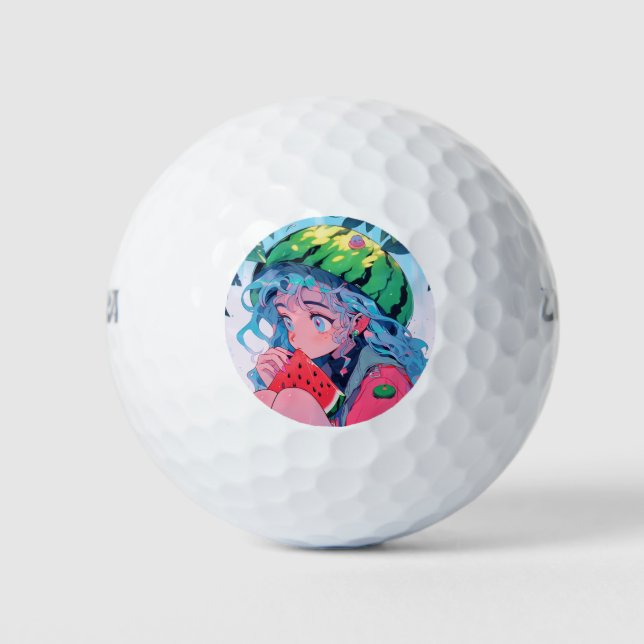 Cute Kawaii Watermelon Fruit Nature Anime Girl Golf Balls (Front)