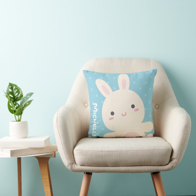 Cute Kawaii White Bunny Pastel Blue Kids Nursery Throw Pillow (Chair)