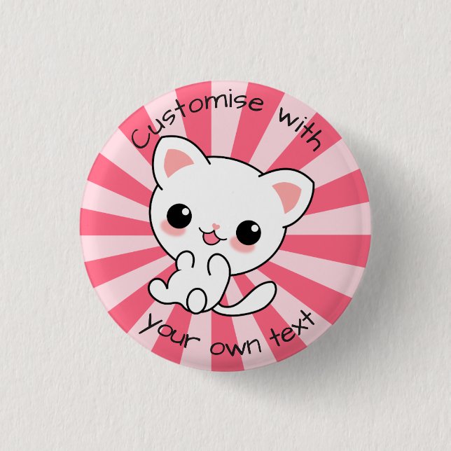Cute kawaii White Cat Custom Text Pink 1 Inch Round Button (Front)