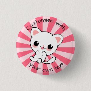 Cute kawaii White Cat Custom Text Pink 1 Inch Round Button