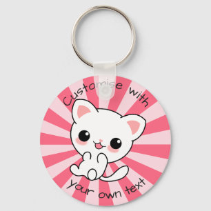 Cute kawaii White Cat Custom Text Pink Keychain