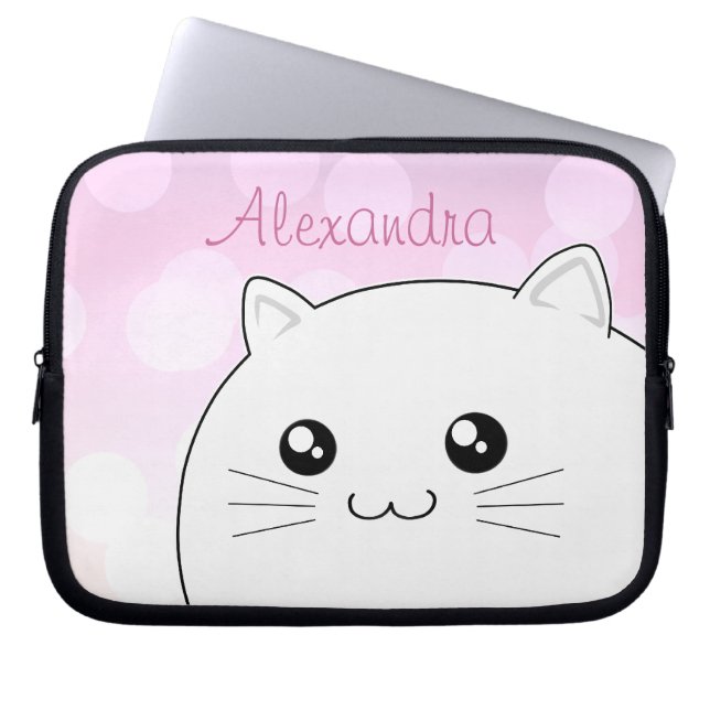 Cute kawaii white kitty cat laptop sleeve (Front)
