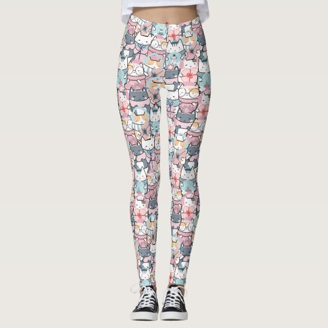 Cute Kawaii Winter Cat Pattern Leggings (Front)