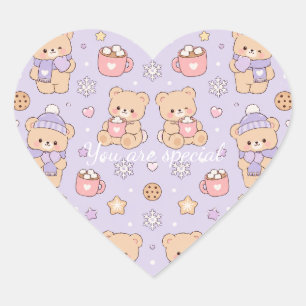 Cute Kawaii Winter Teddy Bear Pattern Purple Heart Sticker