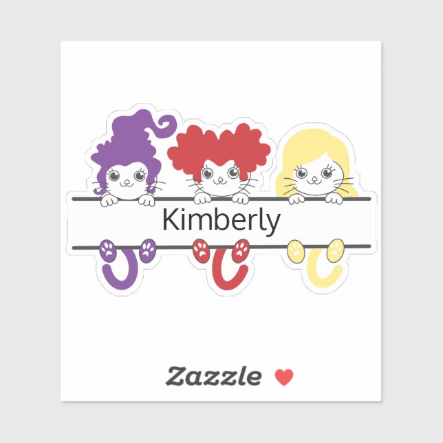 Cute Kawaii Witch Sisters Cats Name Monogram (Sheet)
