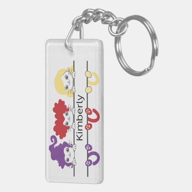 Cute Kawaii Witch Sisters Cats Name Monogram Keychain (Back Right)