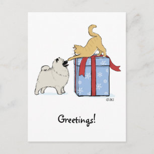 Cute Keeshond Puppy and Kitten Christmas Holiday Postcard