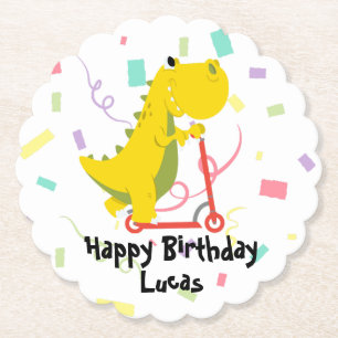 Cute kid dinosaur scooter truck Birthday Party Paper Coaster