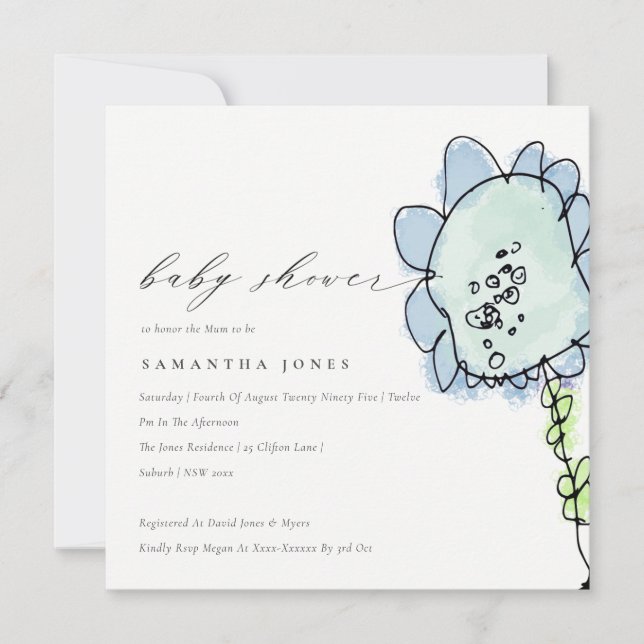Cute Kid Drawn Blue Flower Botanical Baby Shower Invitation (Front)