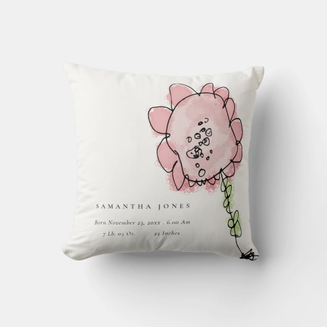 Cute Kid Drawn Blush Pink Flower Baby Birth Stat Throw Pillow (Front)