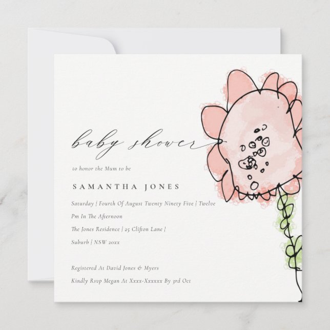 Cute Kid Drawn Peach Flower Botanical Baby Shower Invitation