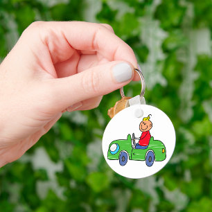 Cute Kid Driving Green Car Childrens Illustration Keychain