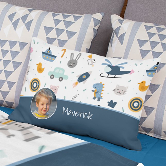 Cute Kid Pattern Photo and Name Boy Blue Accent Pillow (Creator Uploaded)