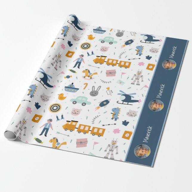 Cute Kid Pattern Photo and Name Boy Blue Wrapping Paper (Unrolled)