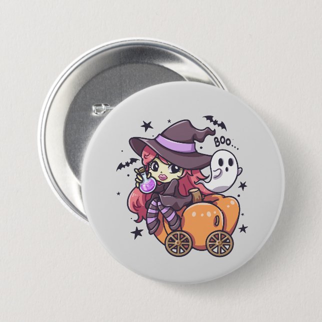 Cute Kid Witch Sitting on a Pumpkin Car 3 Inch Round Button (Front & Back)