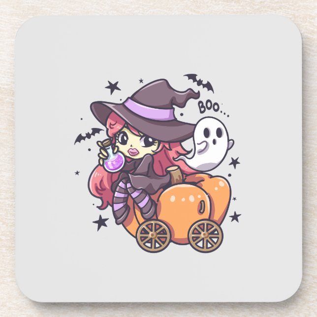 Cute Kid Witch Sitting on a Pumpkin Car Coaster (Front)
