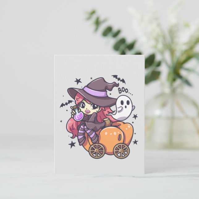 Cute Kid Witch Sitting on a Pumpkin Car Postcard (Standing Front)