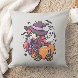 Cute Kid Witch Sitting on a Pumpkin Car Throw Pillow