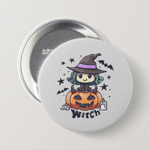 Cute Kid Witch Sitting on a Pumpkin – "Witch" 3 Inch Round Button