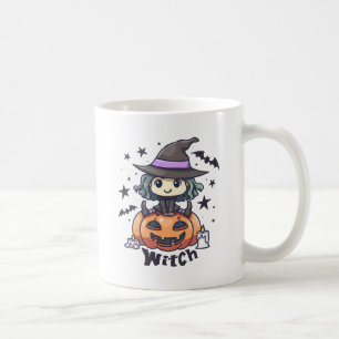 Cute Kid Witch Sitting on a Pumpkin – "Witch" Coffee Mug