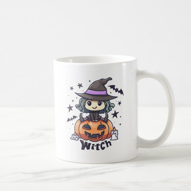 Cute Kid Witch Sitting on a Pumpkin – "Witch" Coffee Mug (Right)