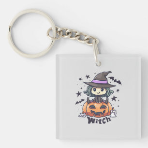 Cute Kid Witch Sitting on a Pumpkin – "Witch" Keychain