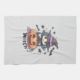 Cute Kid Witch Sitting on a Pumpkin – "Witch" Kitchen Towel