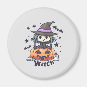 Cute Kid Witch Sitting on a Pumpkin – "Witch" Magnet