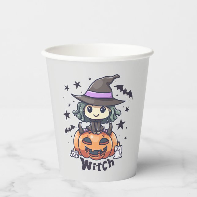 Cute Kid Witch Sitting on a Pumpkin – "Witch" Paper Cups (Front)