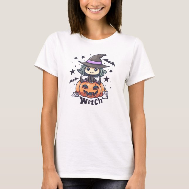 Cute Kid Witch Sitting on a Pumpkin – "Witch" T-Shirt (Front)