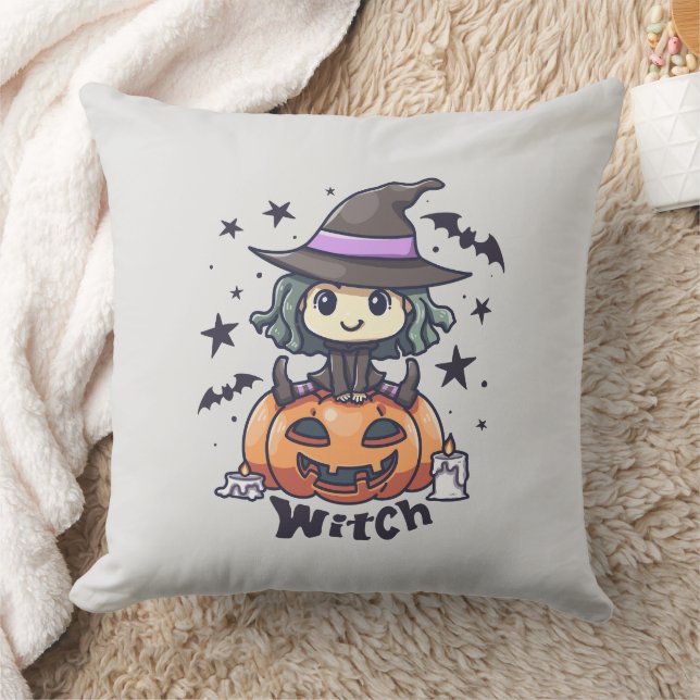 Cute Kid Witch Sitting on a Pumpkin – "Witch" Throw Pillow (Blanket)