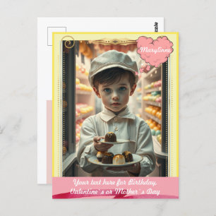 Cute kid with various handmade sweets custom postcard