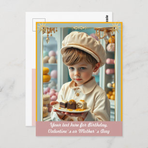 Cute kid with various handmade sweets custom postcard