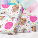 Cute Kids 2nd Birthday Rainbow Photo Hearts Pink Wrapping Paper<br><div class="desc">Celebrate the magic of turning two with this cute personalized gift wrap! A fun and colourful design featuring three of your favourite photos and lots of rainbows, hearts and stars! White type with the words "Happy Birthday" and the recipient's name are clearly displayed on a circular panel, and the all-important...</div>