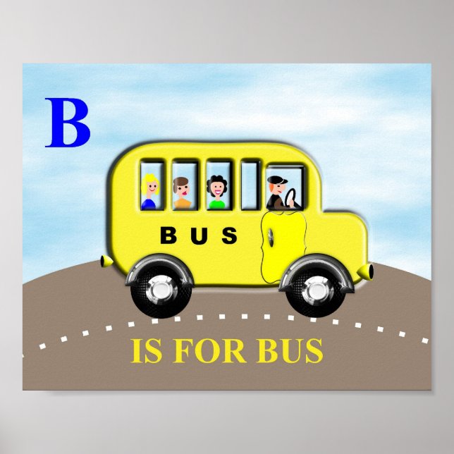 Cute Kids Alphabet Letter B Bus Poster Print (Front)
