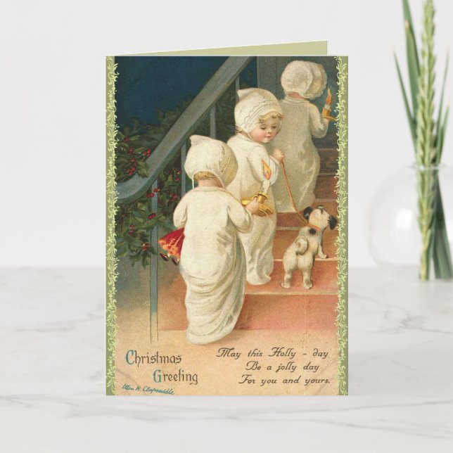 Cute kids and puppy Vintage Christmas Card (Front)