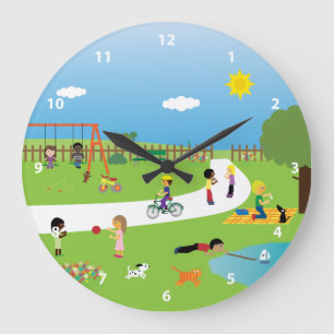 Cute Kids & Animals Playing in the Park Large Clock