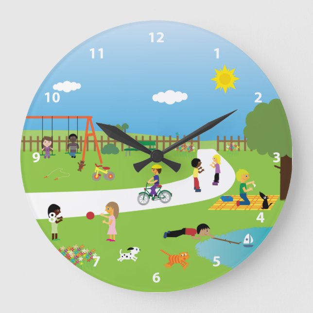 Cute Kids & Animals Playing in the Park Large Clock (Front)