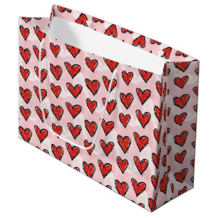 Cute Kid's Art Style Red Hearts on Pink Watercolor Large Gift Bag