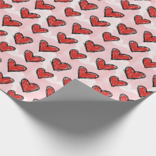 Cute Kid's Art Style Red Hearts on Pink Watercolor Wrapping Paper