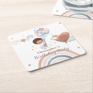 Cute kids Balloon African american boys Birthday Square Paper Coaster